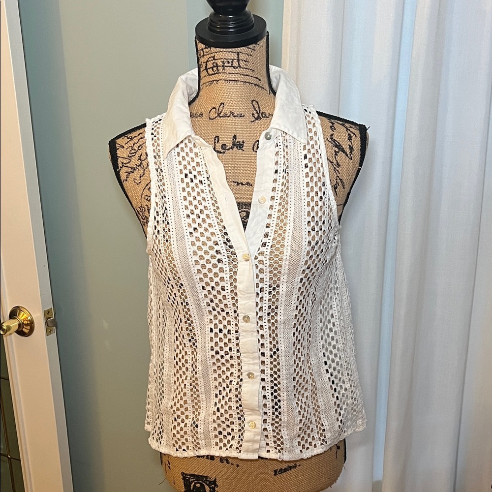 Zara White Crochet Button Down Shirt